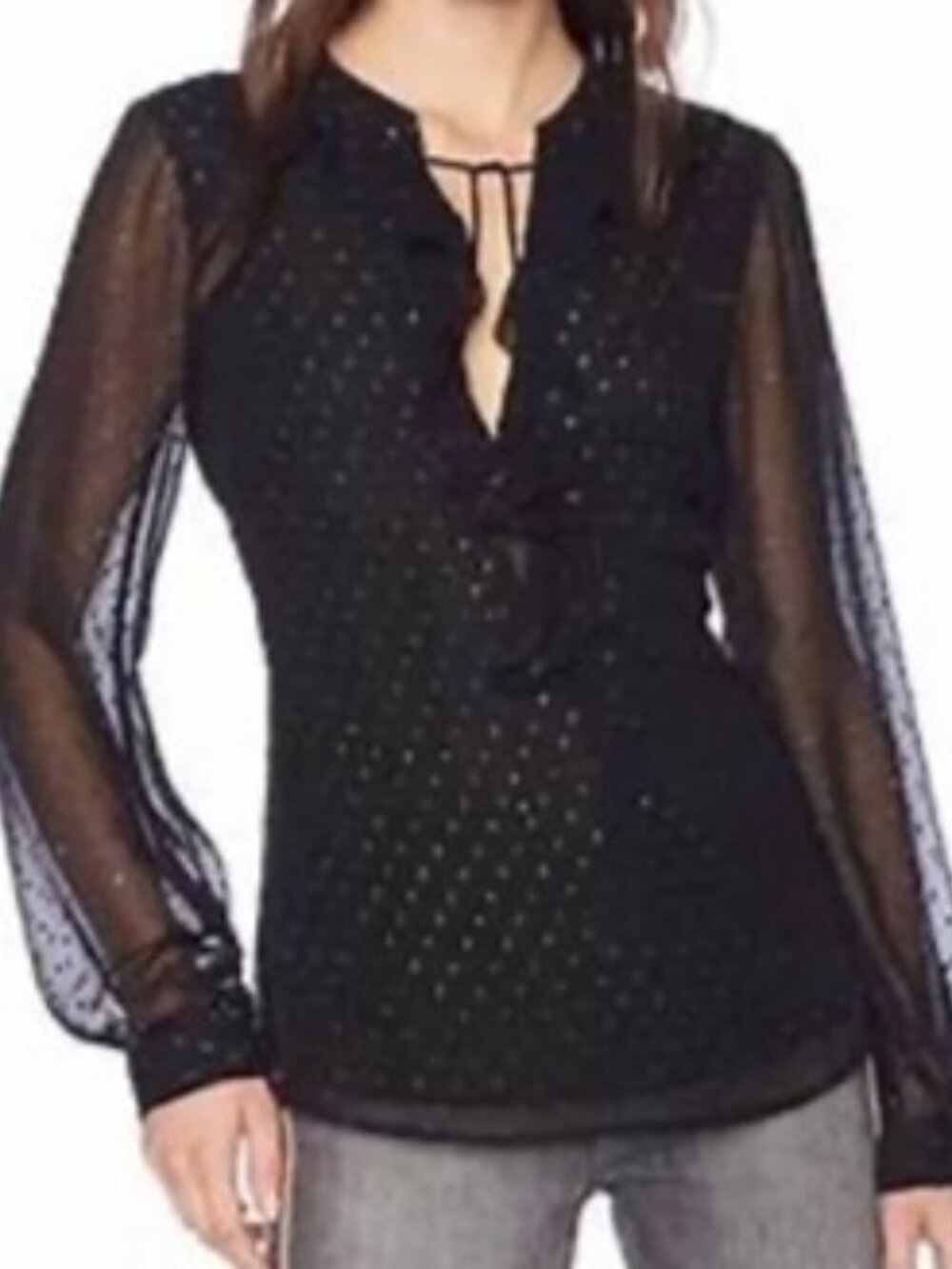Paige Marella Black Long Sleeve Ruffled Semi Sheer Blouse Size XS